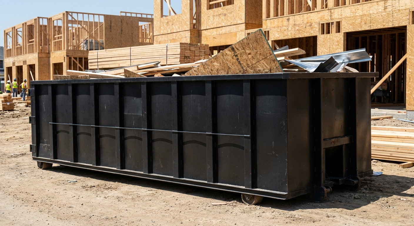 Matte-black 40-yard roll-off construction dumpster being lowered from a white-cab hooklift delivery truck onto the compacted-dirt jobsite at a commercial build site in Allentown