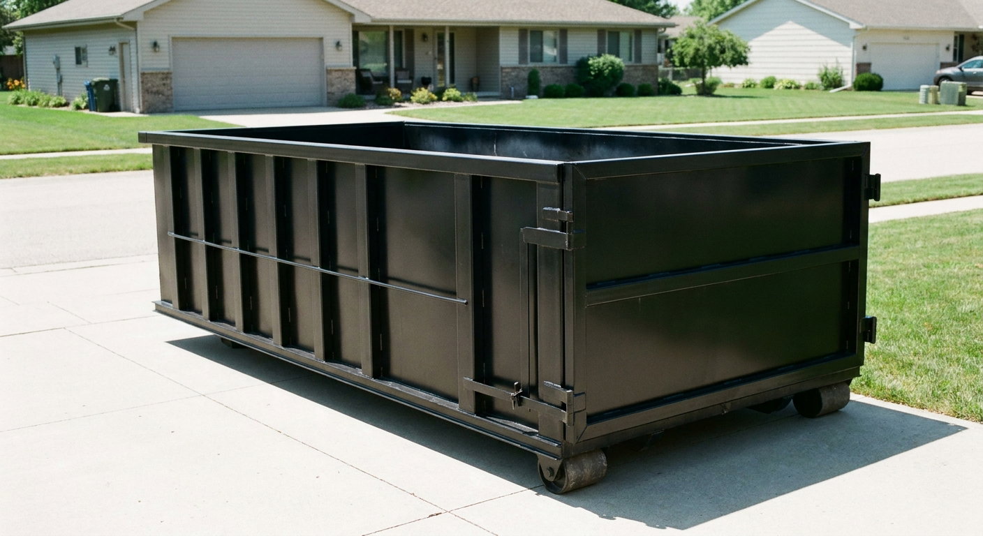 Matte-black 10-yard roll-off dumpster on a residential concrete driveway in Allentown, uniformly painted matte black across every panel and rail, ribbed steel sidewalls and rear swing door visible, mid-day daylight.
