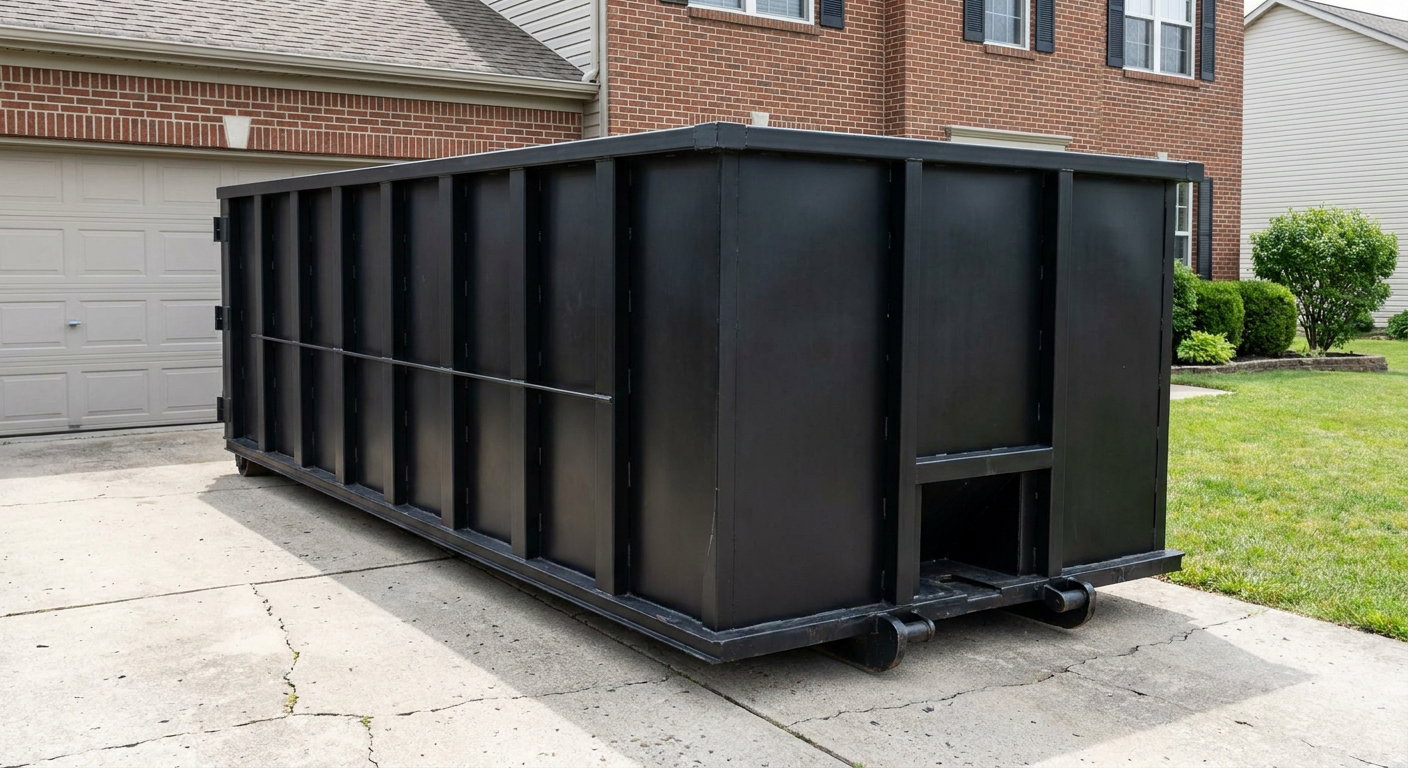 Matte-black 20-yard roll-off container on a Allentown residential concrete driveway with reinforced ribbed steel sidewalls and a hinged rear walk-in door, clean bright daylight.