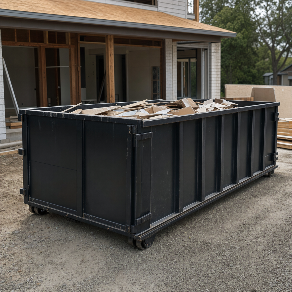 Large matte-black 30-yard construction roll-off dumpster at an active Allentown jobsite, steel-gray top rails and bottom rollers visible, loaded with construction debris.