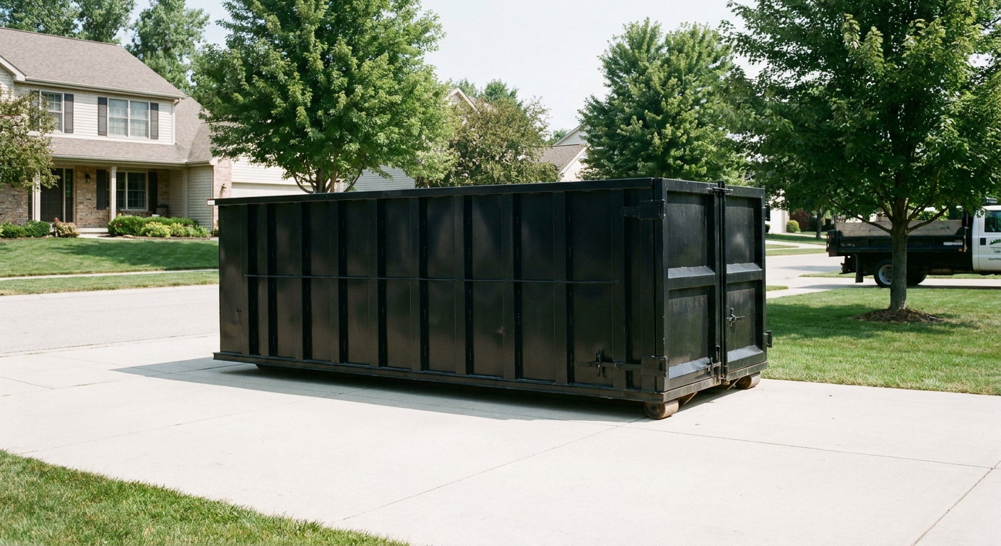 Matte-black 20-yard roll-off dumpster sitting level on a clean Allentown residential concrete driveway under bright daylight, demonstrating clean placement directly on the concrete.