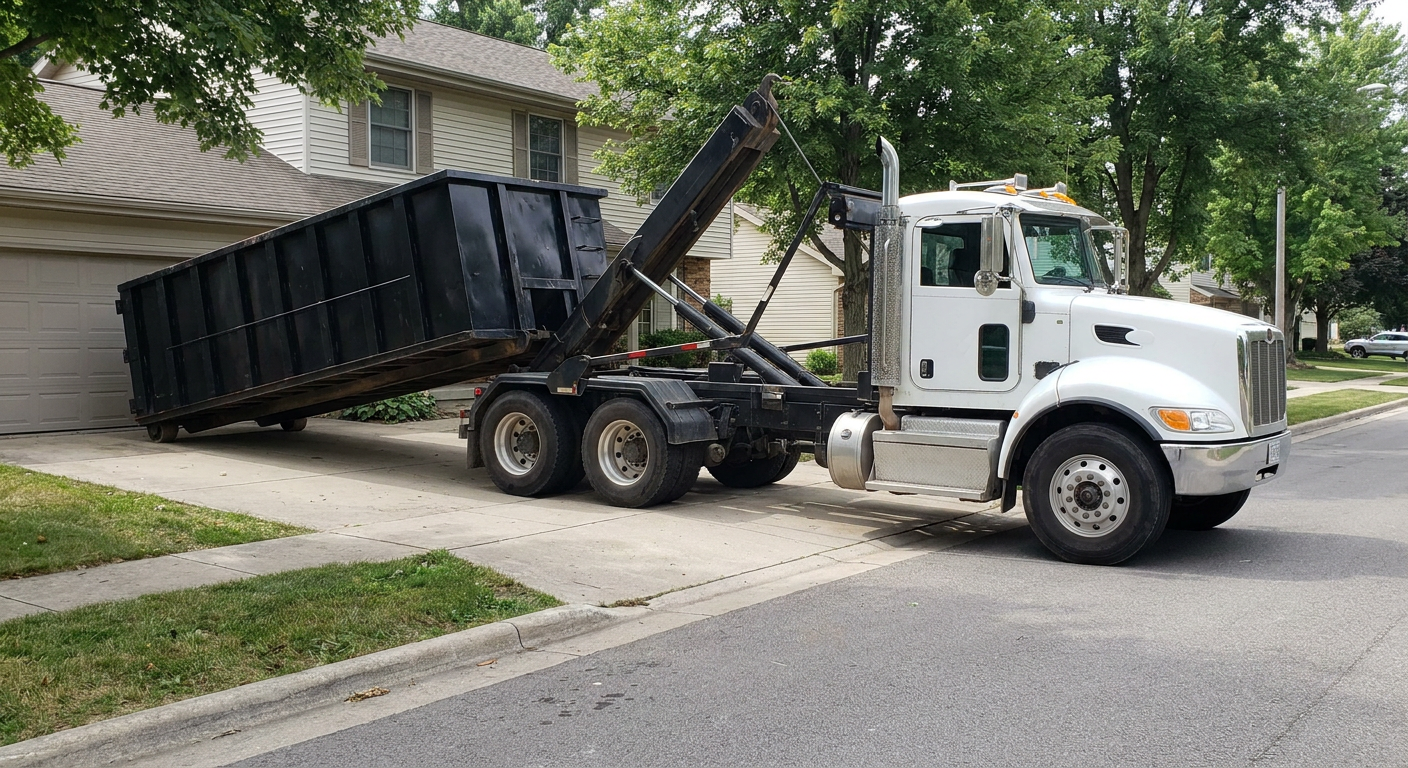 White-cab hooklift roll-off truck actively lowering a matte-black dumpster onto a Allentown residential concrete driveway, the dumpster's rear wheels touching the driveway as the hoist arm tilts the bed forward, mid-morning daylight.