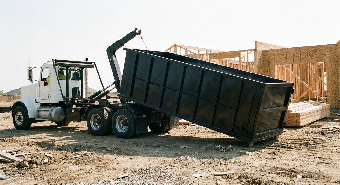 Matte-black roll-off dumpster being delivered onto a clean residential concrete driveway in Allentown by an unmarked white hooklift hauler truck, bright morning daylight, documentary 35mm perspective.