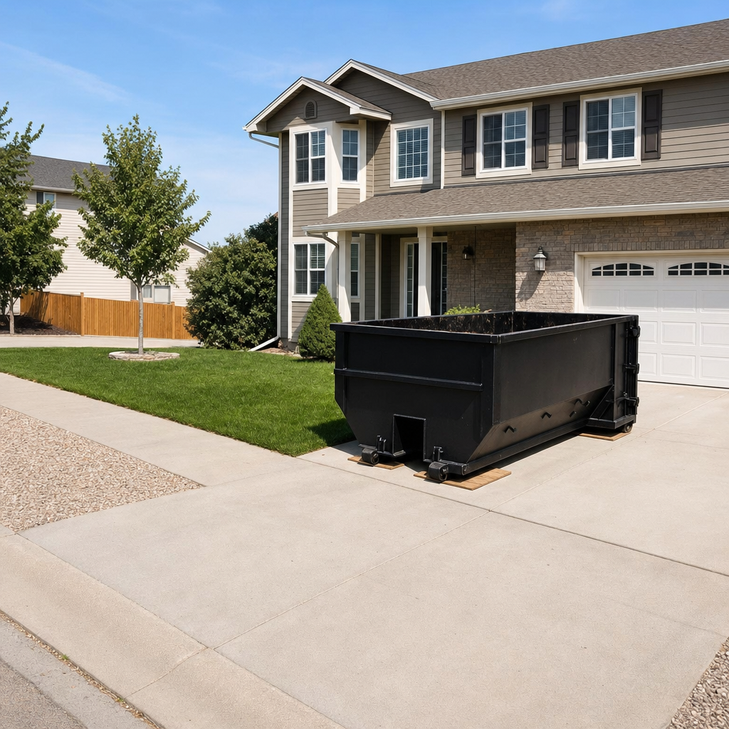 10-yard matte-black residential dumpster placed directly on a narrow Allentown concrete driveway, room remains for a parked sedan beside it, mid-morning natural light
