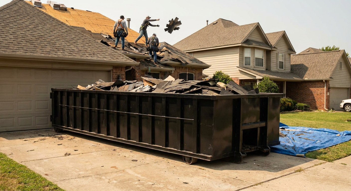 Matte-black roofing roll-off dumpster placed directly on a Allentown residential concrete driveway, a tear-off crew on a two-story asphalt-shingle roof tossing shingle bundles into the low-walled container, bright daylight, documentary 35mm perspective.