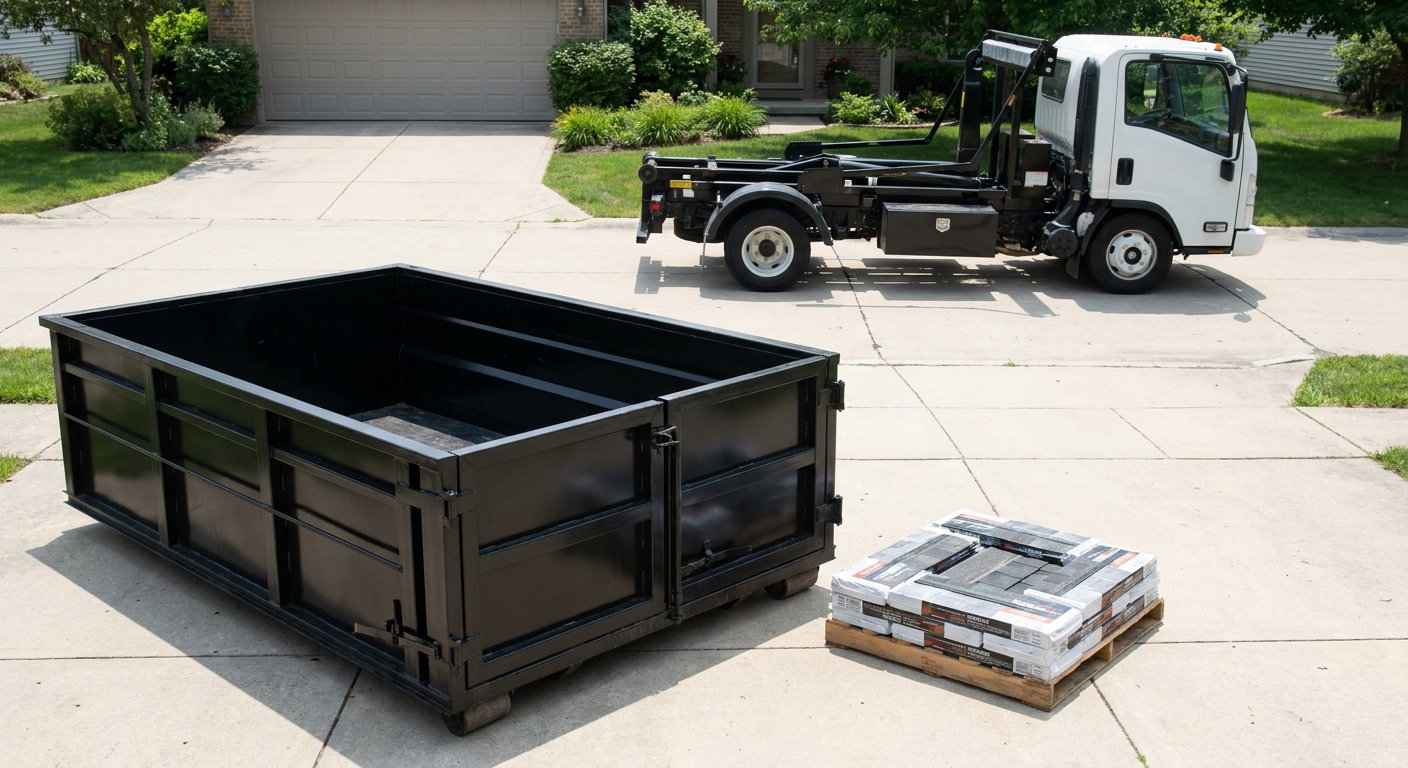 Matte-black 15-yard roofing roll-off dumpster with reinforced low side walls sitting directly on a Allentown residential concrete driveway, three-tab asphalt shingle bundles stacked nearby, an unmarked white hauler truck partially visible at the edge of the frame.