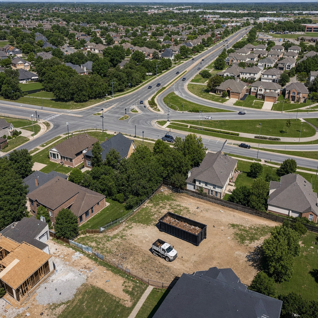 An overhead documentary view of the Allentown metro area at midday, showing the spread of neighborhoods, arterial roads, and the dispatch radius from a central yard — clean daylight, organized geographic layout.