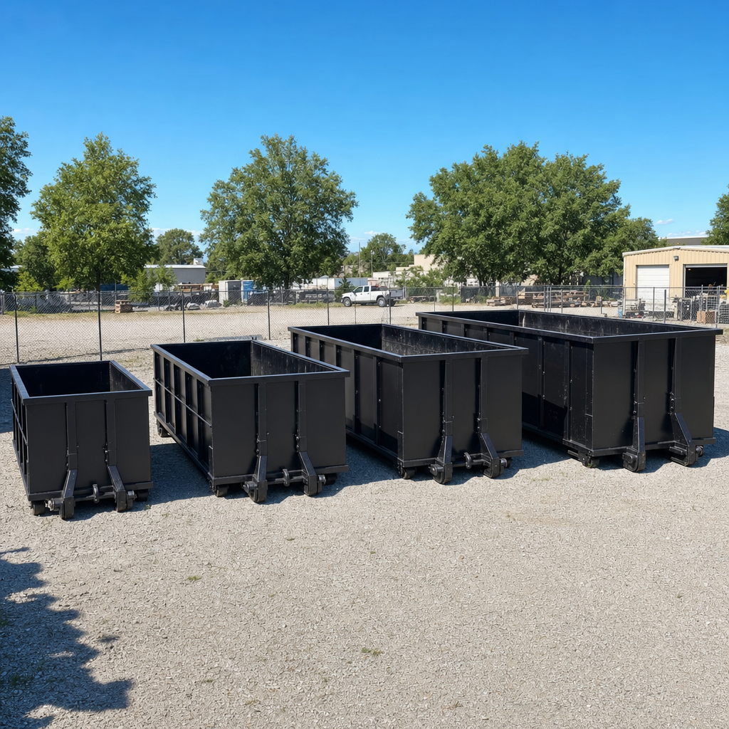A clean lineup of matte-black roll-off dumpsters in 10, 20, 30, and 40-yard sizes staged on a sunlit gravel yard in Allentown, showing the size progression from compact to commercial-scale containers.