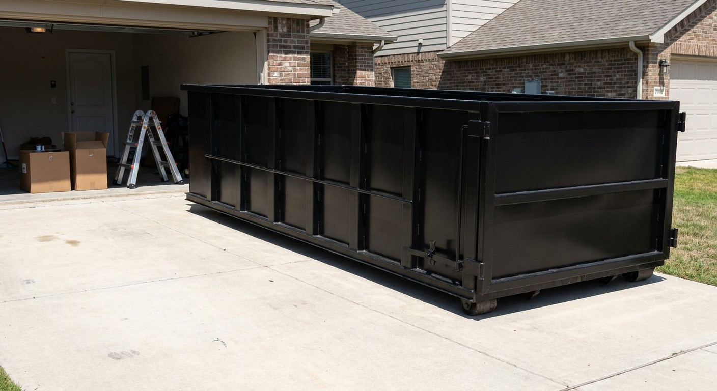 A matte-black 10-yard roll-off dumpster sitting directly on a residential Allentown concrete driveway, mid-day sunlight, clean and ready for a garage cleanout.